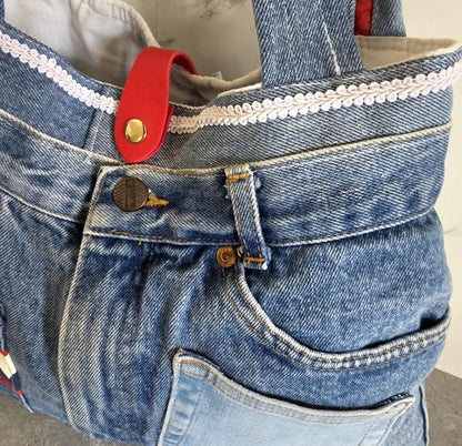 Large Blue Denim Upcycled Jeans Shoulder Bag Fully Lined , Stars Stripes, Pockets, Holiday Festival Boho