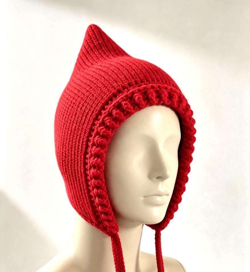 Handmade Red Knitted Pixie Bonnet: With Knitted Cord Ties, Woodland Festival
