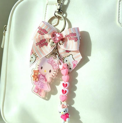 Pretty Lolita Keyring Key Chain Kitty Pink White Hearts Bows Beads Kawaii, Gift