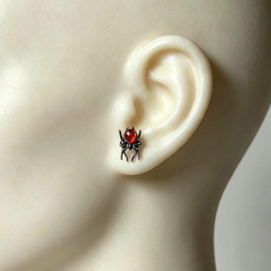Handmade Silver & Red Stone Spider Earrings, Pierced, Halloween, Whitby, Gothic