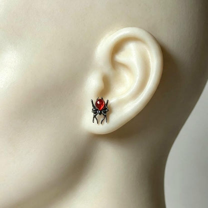 Handmade Silver & Red Stone Spider Earrings, Pierced, Halloween, Whitby, Gothic