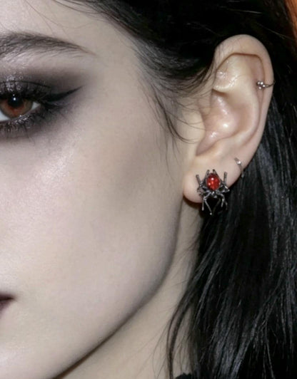 Handmade Silver & Red Stone Spider Earrings, Pierced, Halloween, Whitby, Gothic