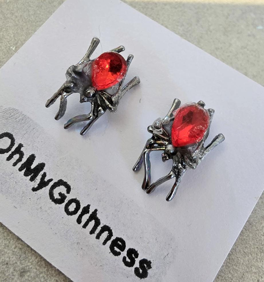 Handmade Silver & Red Stone Spider Earrings, Pierced, Halloween, Whitby, Gothic
