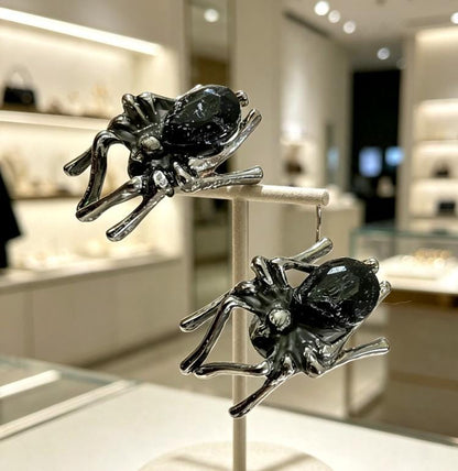 Handmade Silver & Black Stone Spider Earrings, Pierced, Halloween, Whitby, Gothic