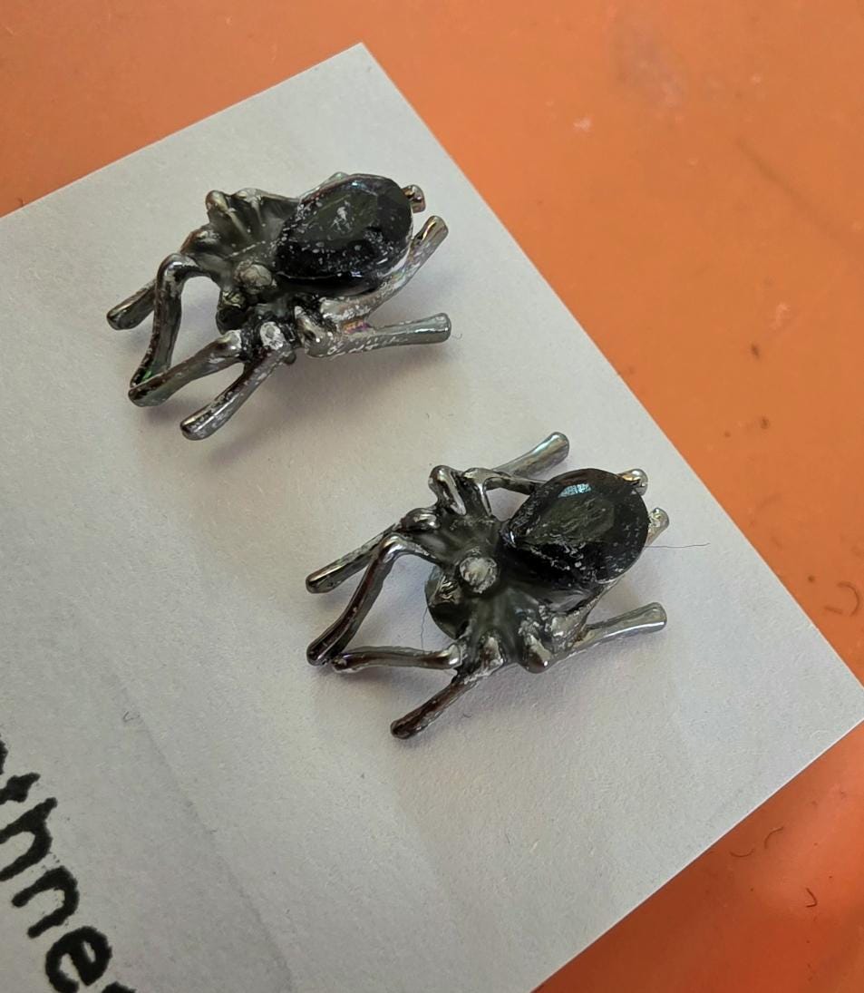 Handmade Silver & Black Stone Spider Earrings, Pierced, Halloween, Whitby, Gothic