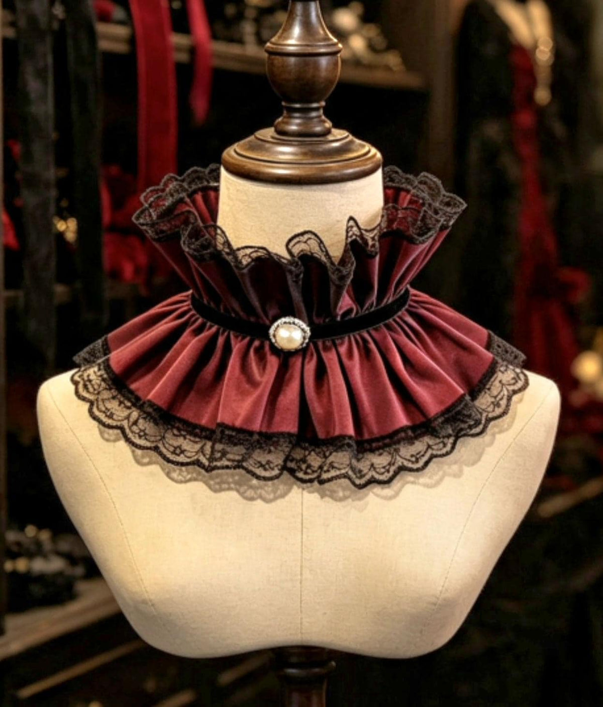 Burgundy Taffeta Frilled Neck Ruff Collar with Black Lace & Velvet - Steampunk Gothic Whitby