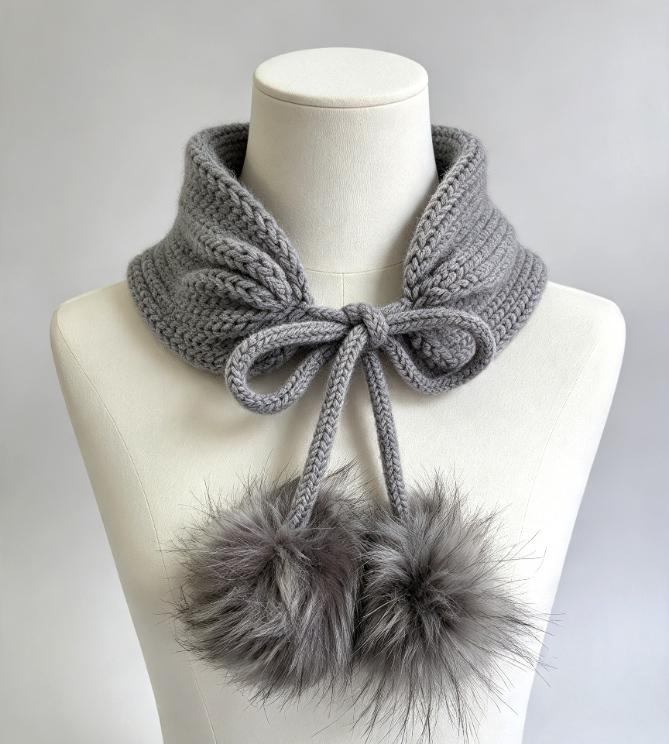 Grey Knitted Snood: Neck Warmer Band With Cord Ties Winter Autumn Cosy