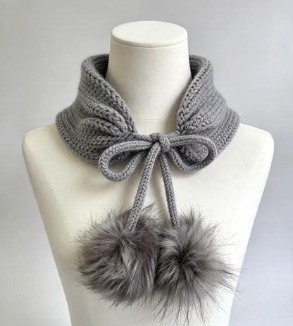 Grey Knitted Snood: Neck Warmer Band With Cord Ties Winter Autumn Cosy