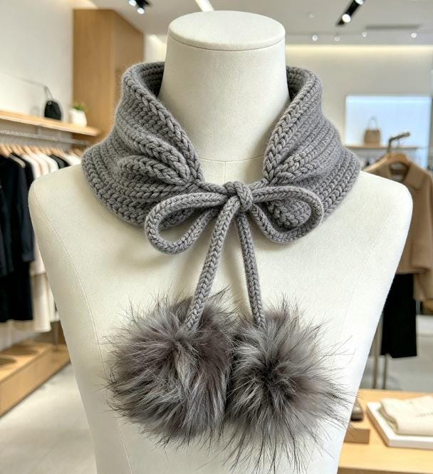Grey Knitted Snood: Neck Warmer Band With Cord Ties Winter Autumn Cosy