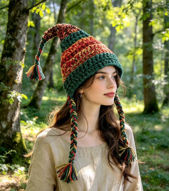 Handmade Woodland Wizard Pixie Hat - OOAK Green Red Yellow Fairy Garden