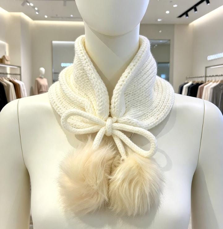Cream Knitted Snood: Neck Warmer Band With Cord Ties Winter Autumn Cosy