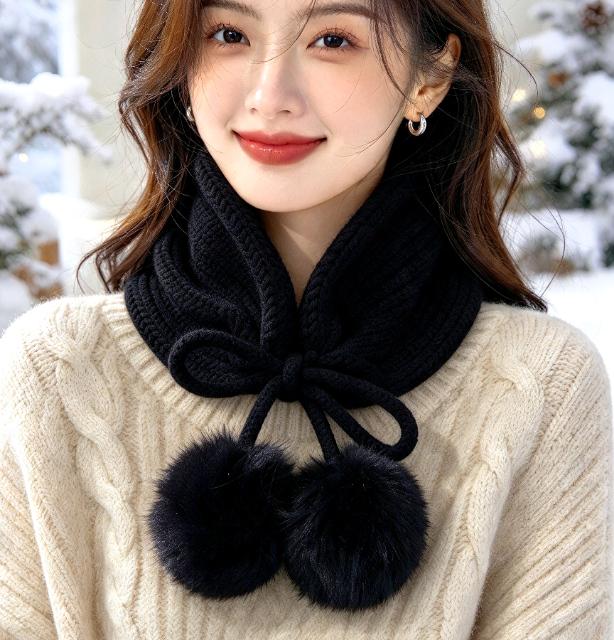 Black Knitted Snood: Neck Warmer Band With Cord Ties Winter Autumn Cosy Goth