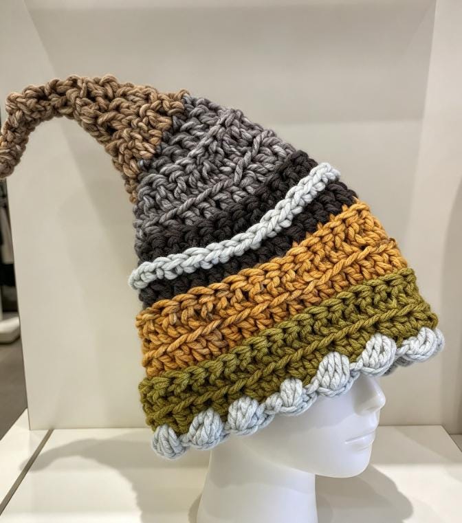 Handmade Woodland Wizard Pixie Hat - OOAK Green Grey Yellow Fairy Garden