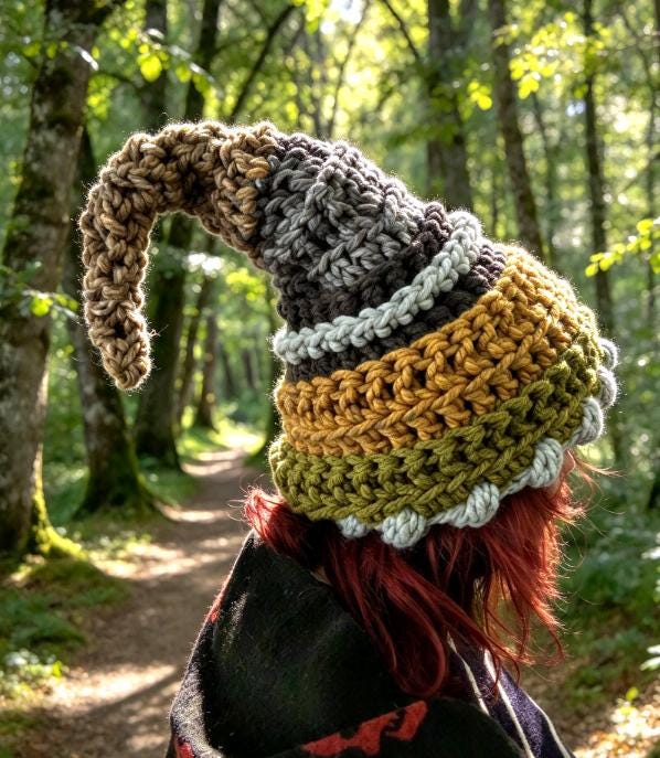 Handmade Woodland Wizard Pixie Hat - OOAK Green Grey Yellow Fairy Garden