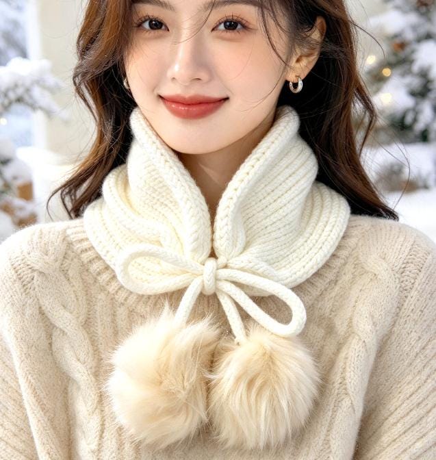 Cream Knitted Snood: Neck Warmer Band With Cord Ties Winter Autumn Cosy