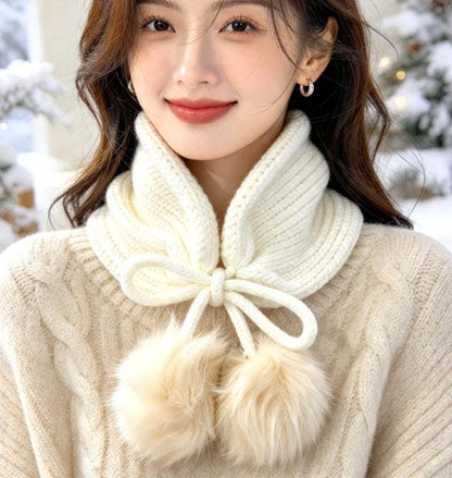 Cream Knitted Snood: Neck Warmer Band With Cord Ties Winter Autumn Cosy