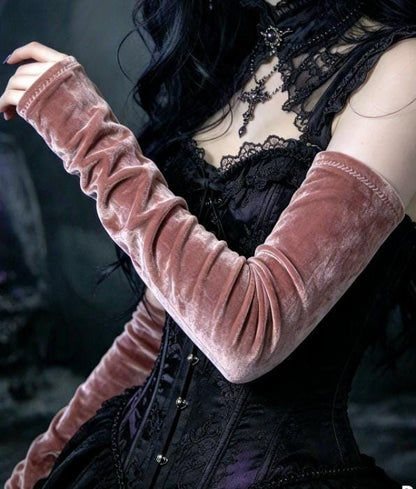 Pale Pink Crushed Velvet Stretch Arm Warmers , Gothic Victorian Sleeves Costume