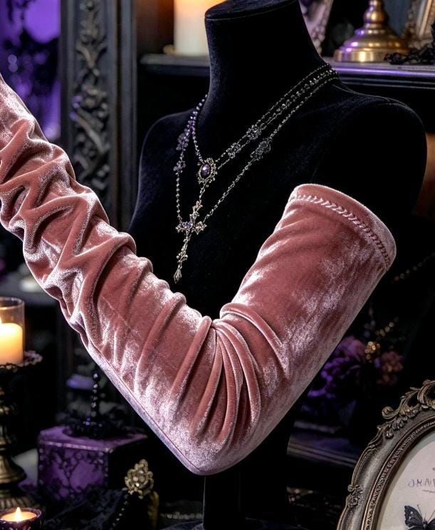 Pale Pink Crushed Velvet Stretch Arm Warmers , Gothic Victorian Sleeves Costume