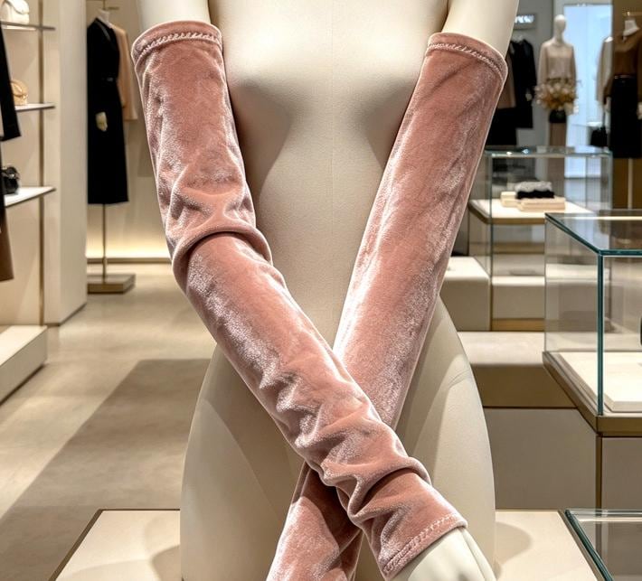 Pale Pink Crushed Velvet Stretch Arm Warmers , Gothic Victorian Sleeves Costume