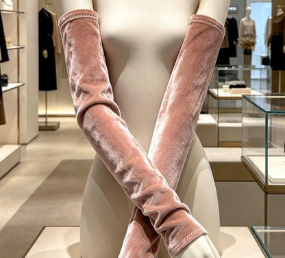Pale Pink Crushed Velvet Stretch Arm Warmers , Gothic Victorian Sleeves Costume