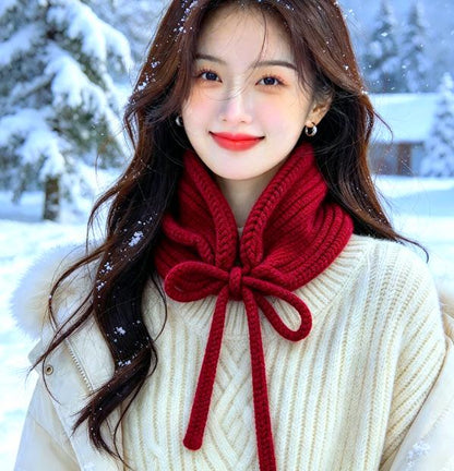Dark Red Knitted Snood: Neck Warmer Band With Cord Ties Winter Autumn Cosy Goth