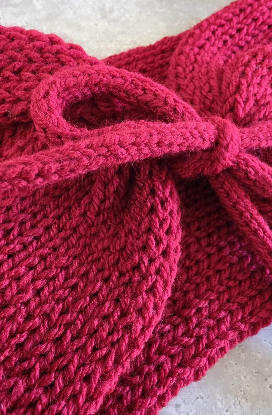 Dark Red Knitted Snood: Neck Warmer Band With Cord Ties Winter Autumn Cosy Goth