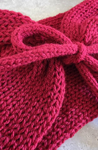 Dark Red Knitted Snood: Neck Warmer Band With Cord Ties Winter Autumn Cosy Goth