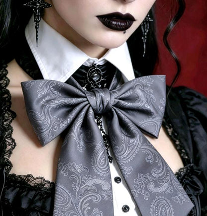 Grey Silky Paisley Cravat Bow Tie - Steampunk Gothic Victorian Costume Wedding