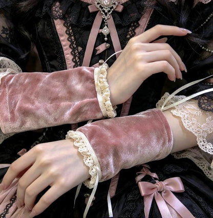 Pale Pink Velvet Wrist Cuffs Cream Lace , Whitby Goth Victorian Style