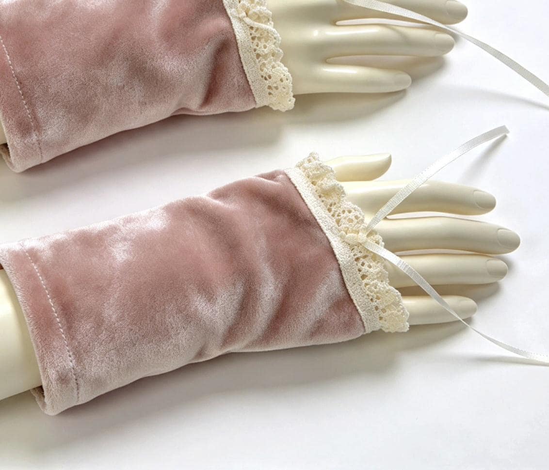 Pale Pink Velvet Wrist Cuffs Cream Lace , Whitby Goth Victorian Style