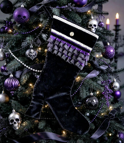 Black Velvet Stiletto Christmas Stocking, Purple Lace Silver Braid - Holiday Decor