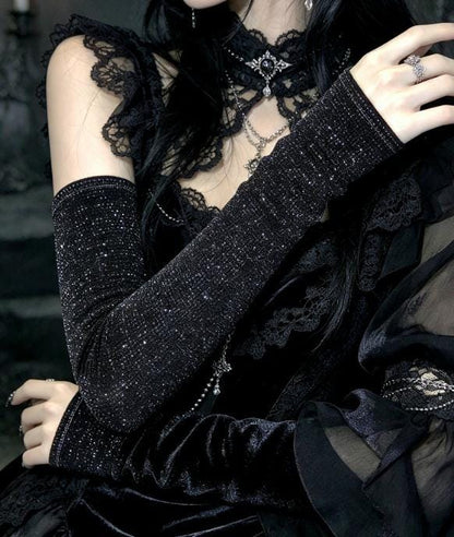 Black Glitter Stretch Arm Warmers , Gothic Victorian Sleeves Costume