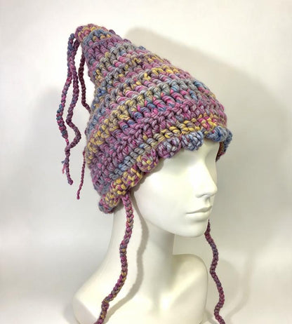 Handmade Woodland Pixie Hat - OOAK Green Grey Pink Mustard - Fairy Garden