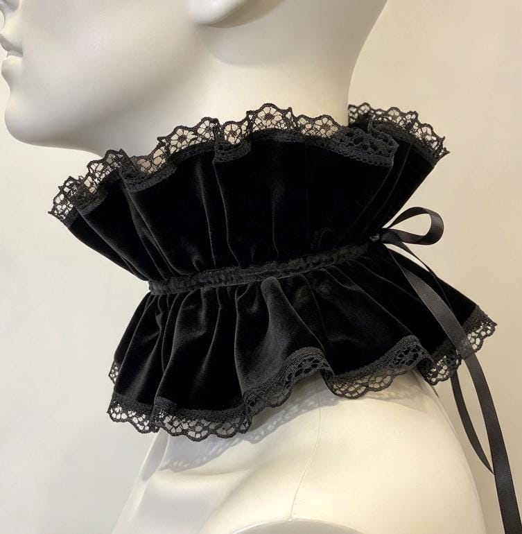 Black Velvet Frilled Neck Choker Collar Lace & Gothic Silver Cross - Steampunk Gothic Whitby