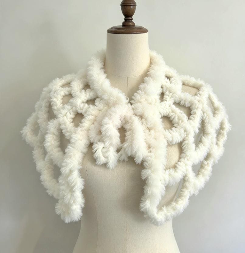 Off White Crochet Fur Spider Web Capelet Shawl - Gothic Victorian Costume Whitby