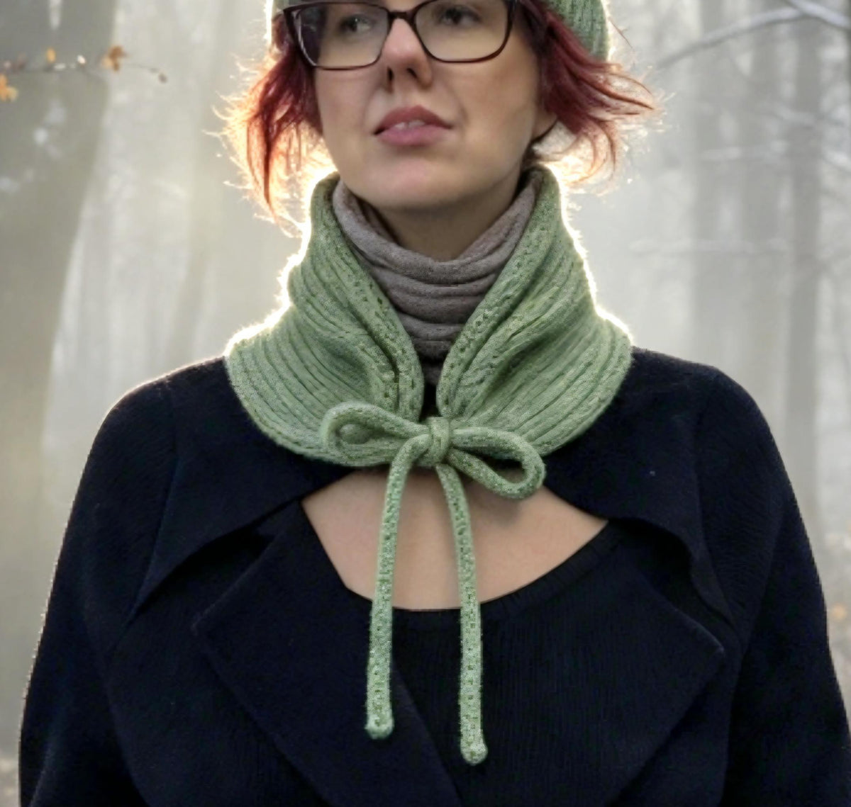 Cosy Green Knitted Snood: Neck Warmer Band With Crochet Cord Ties