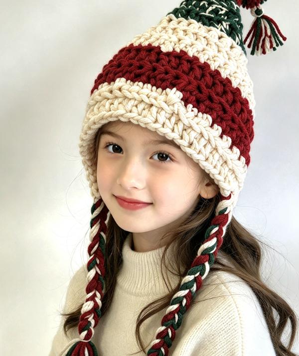 Child Size Handmade Woodland Wizard Pixie Hat - Age 6 - 12 Green Red Cream Fairy