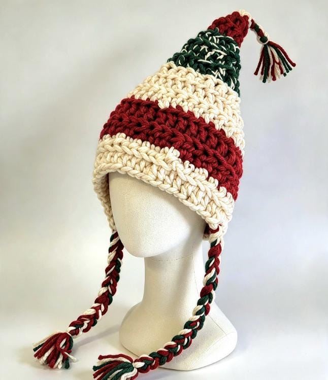 Child Size Handmade Woodland Wizard Pixie Hat - Age 6 - 12 Green Red Cream Fairy