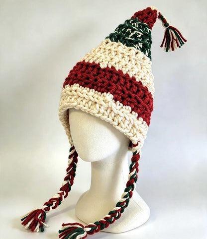 Child Size Handmade Woodland Wizard Pixie Hat - Age 6 - 12 Green Red Cream Fairy