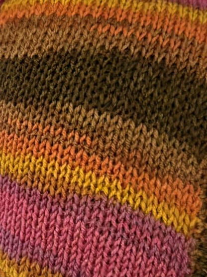 Handmade Purple Orange Brown Knitted Pixie Bonnet: With Knitted Cord Ties, Woodland Autumn