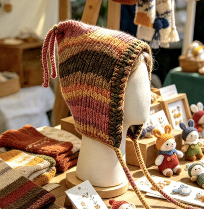 Handmade Purple Orange Brown Knitted Pixie Bonnet: With Knitted Cord Ties, Woodland Autumn