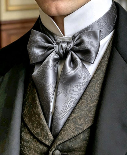 Grey Silky Paisley Cravat Bow Tie - Steampunk Gothic Victorian Costume Wedding