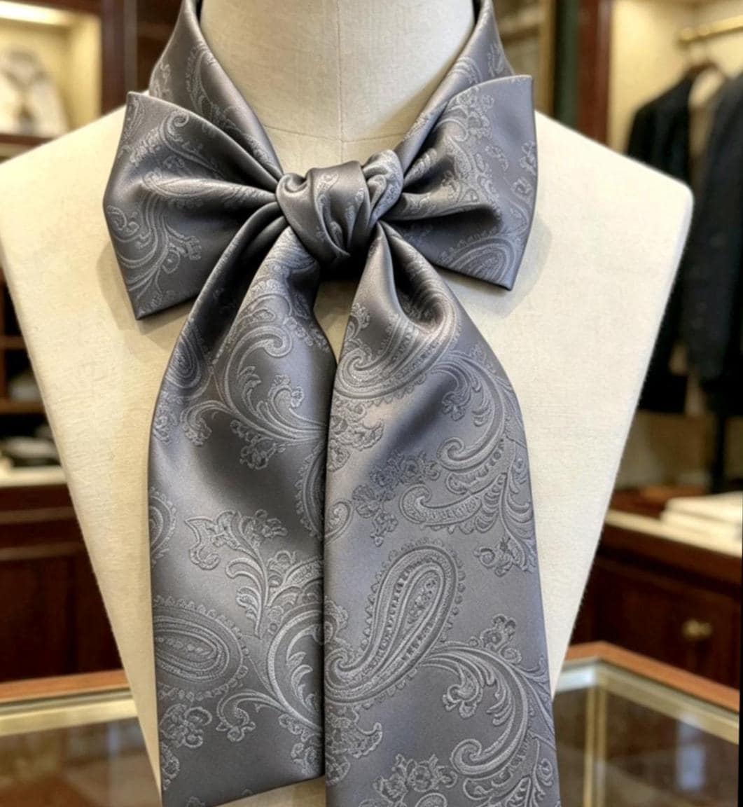 Grey Silky Paisley Cravat Bow Tie - Steampunk Gothic Victorian Costume Wedding