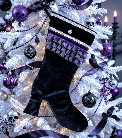 Black Velvet Stiletto Christmas Stocking, Purple Lace Silver Braid - Holiday Decor
