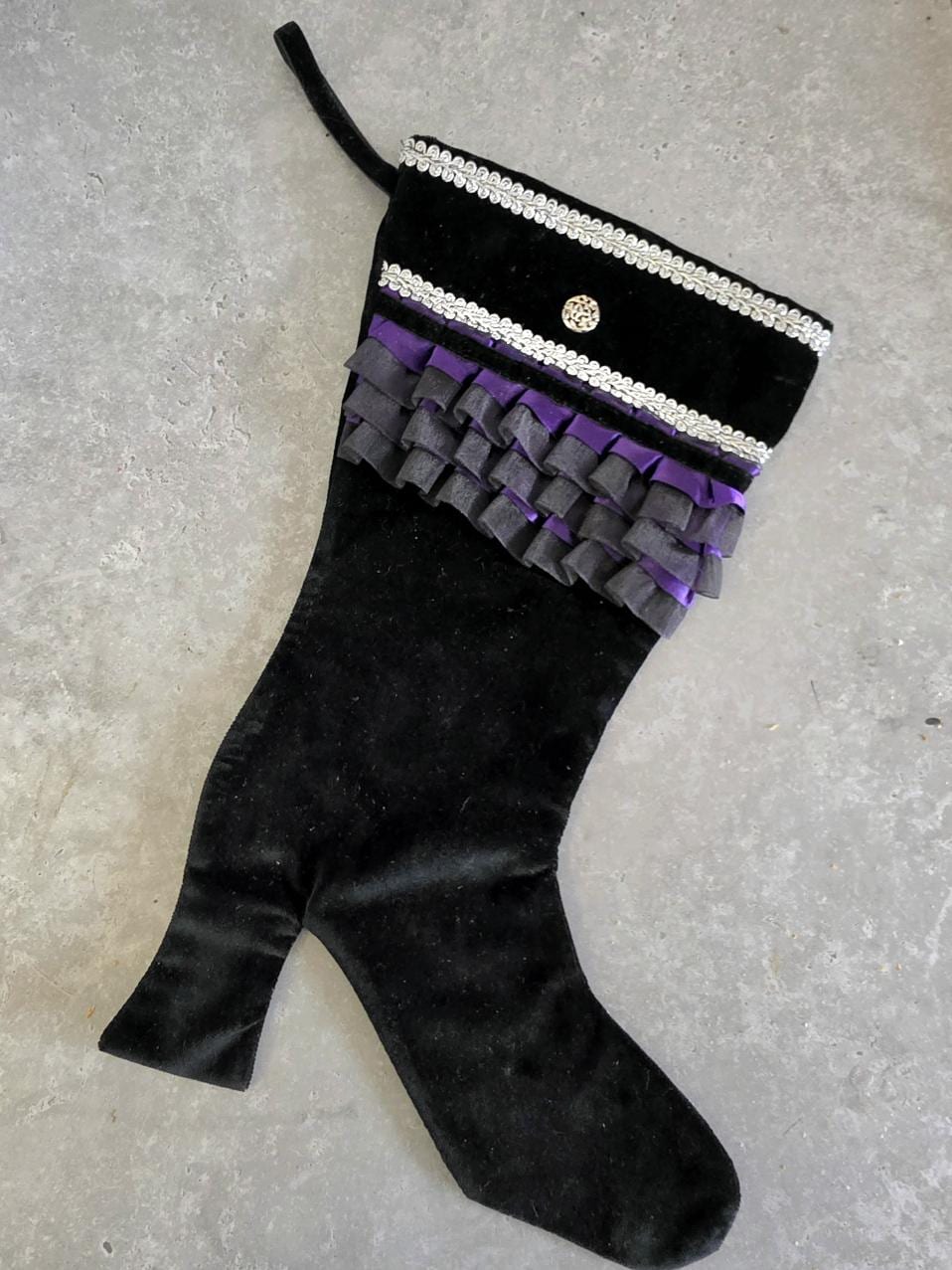 Black Velvet Stiletto Christmas Stocking, Purple Lace Silver Braid - Holiday Decor