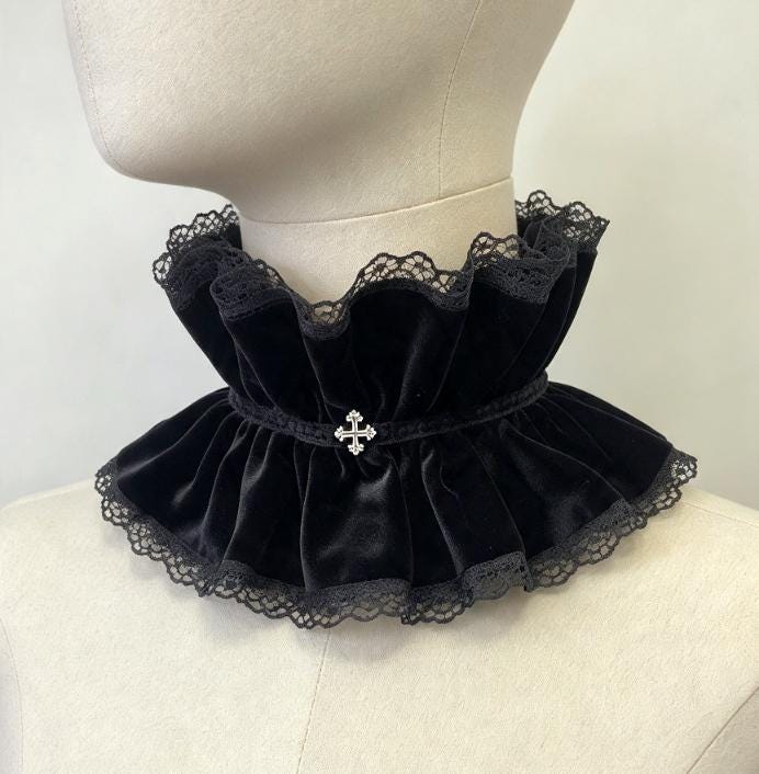 Black Velvet Frilled Neck Choker Collar Lace & Gothic Silver Cross - Steampunk Gothic Whitby