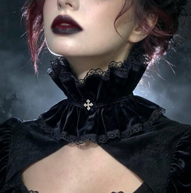 Black Velvet Frilled Neck Choker Collar Lace & Gothic Silver Cross - Steampunk Gothic Whitby