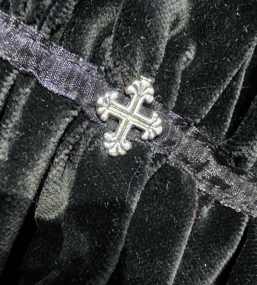 Black Velvet Frilled Neck Choker Collar Lace & Gothic Silver Cross - Steampunk Gothic Whitby