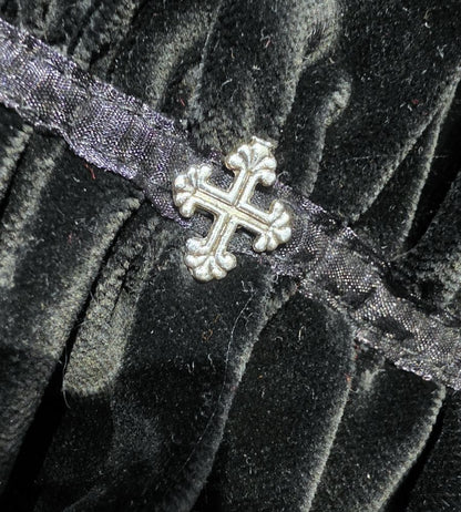 Black Velvet Frilled Neck Choker Collar Lace & Gothic Silver Cross - Steampunk Gothic Whitby