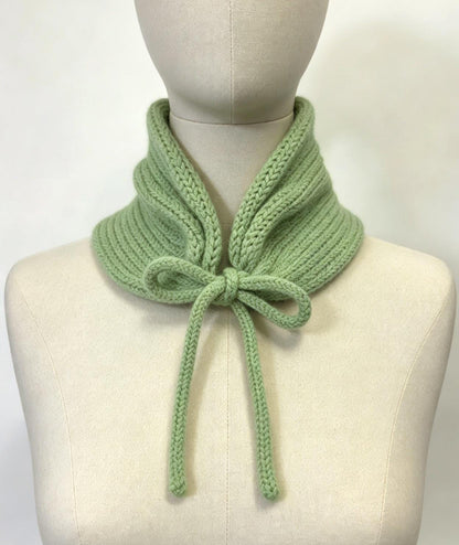 Cosy Green Knitted Snood: Neck Warmer Band With Crochet Cord Ties